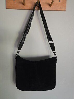 Black Suede Leather Flap Crossbody Satchel – Greek Key Strap | Made in Greece